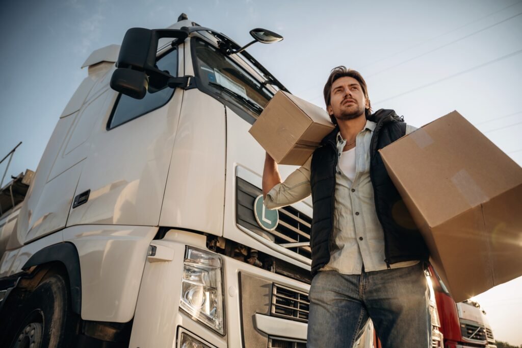Shipping conception, with boxes. Truck driver is near the transport outdoors